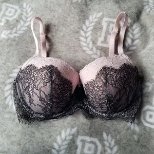 Victoria's Secret Bra 34DD Pink Black Lace Dream Angels Lined Demi
